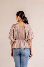 Beige striped peplum blouse with ties