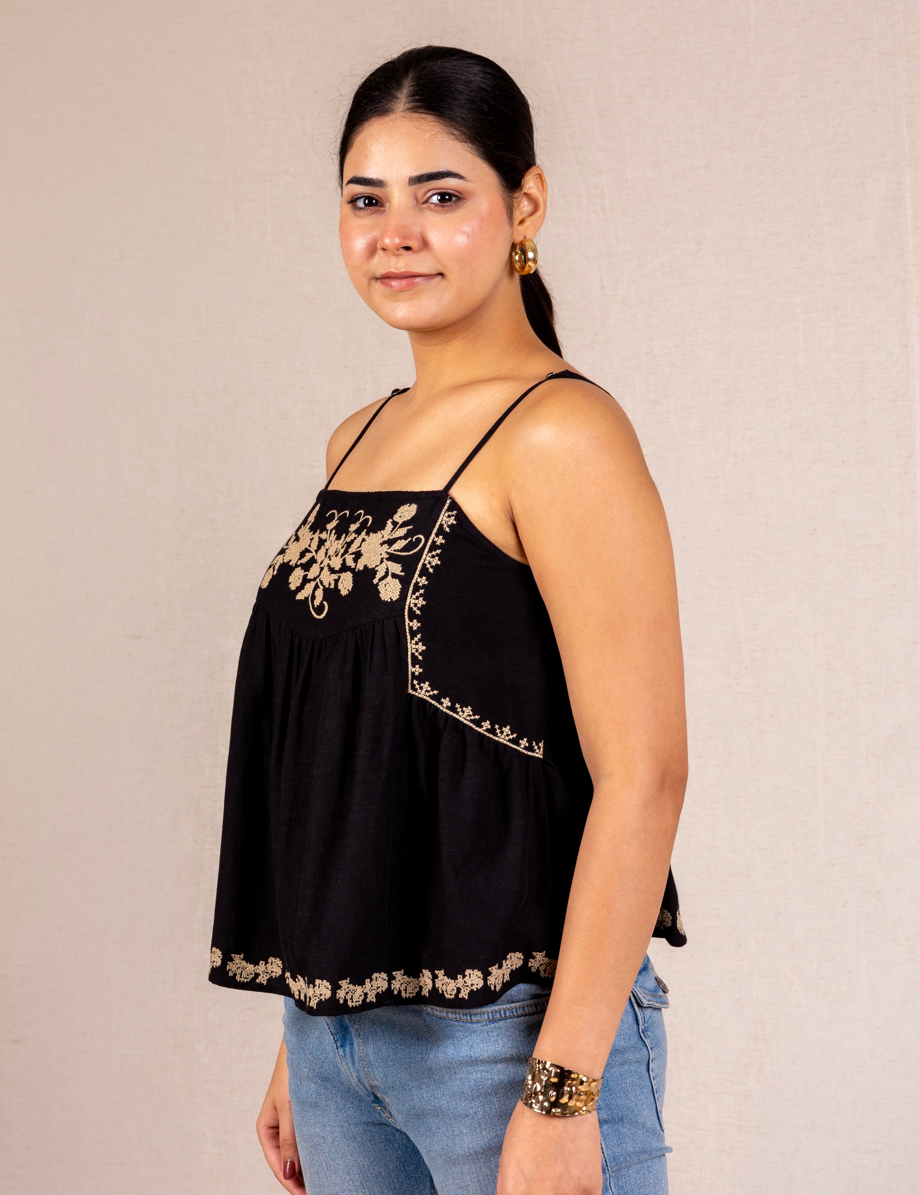 Black floral embroidered cami