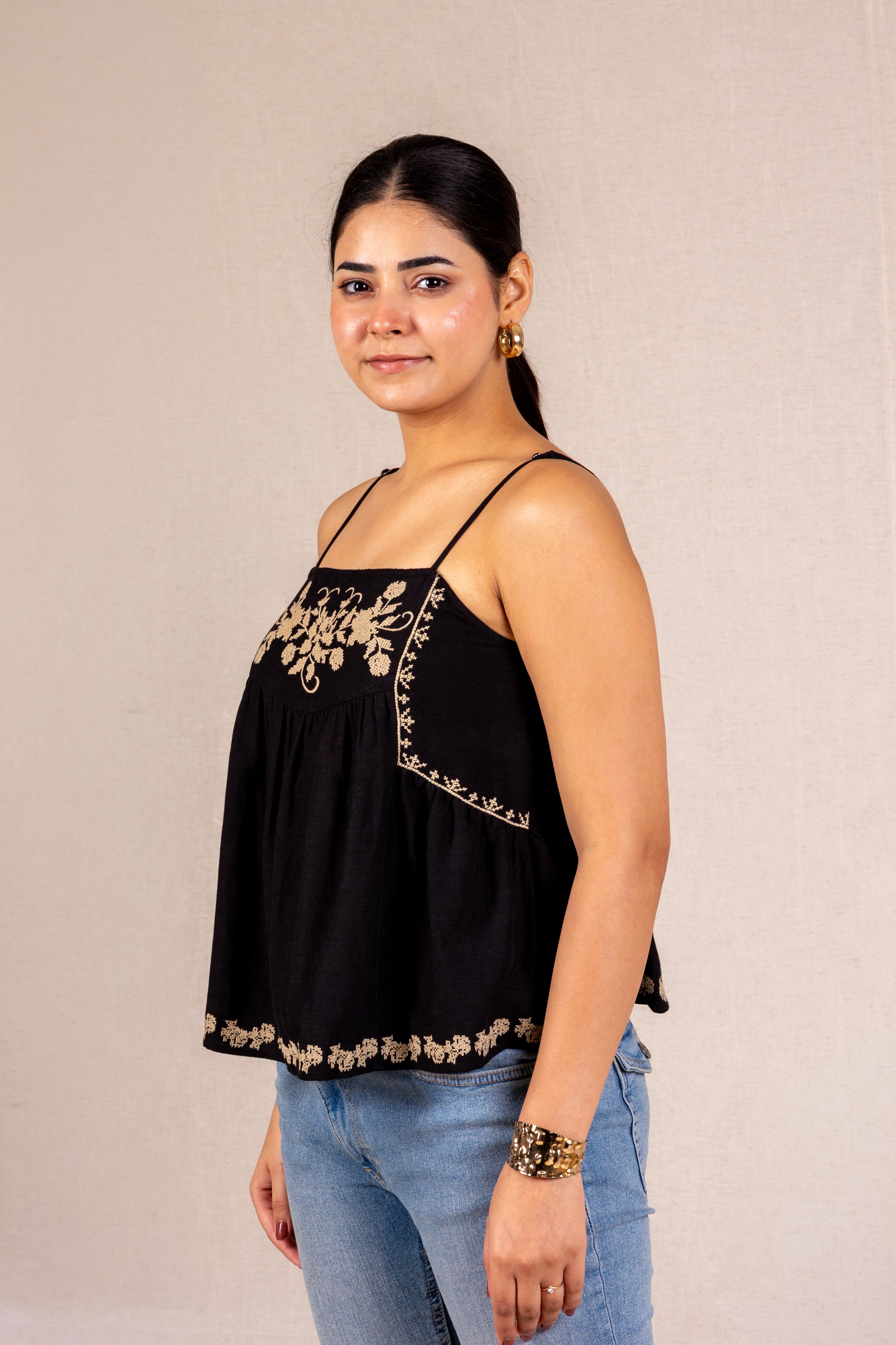 Black floral embroidered cami