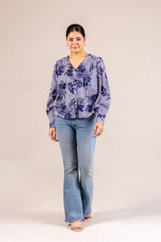 Blue & white striped floral print blouse