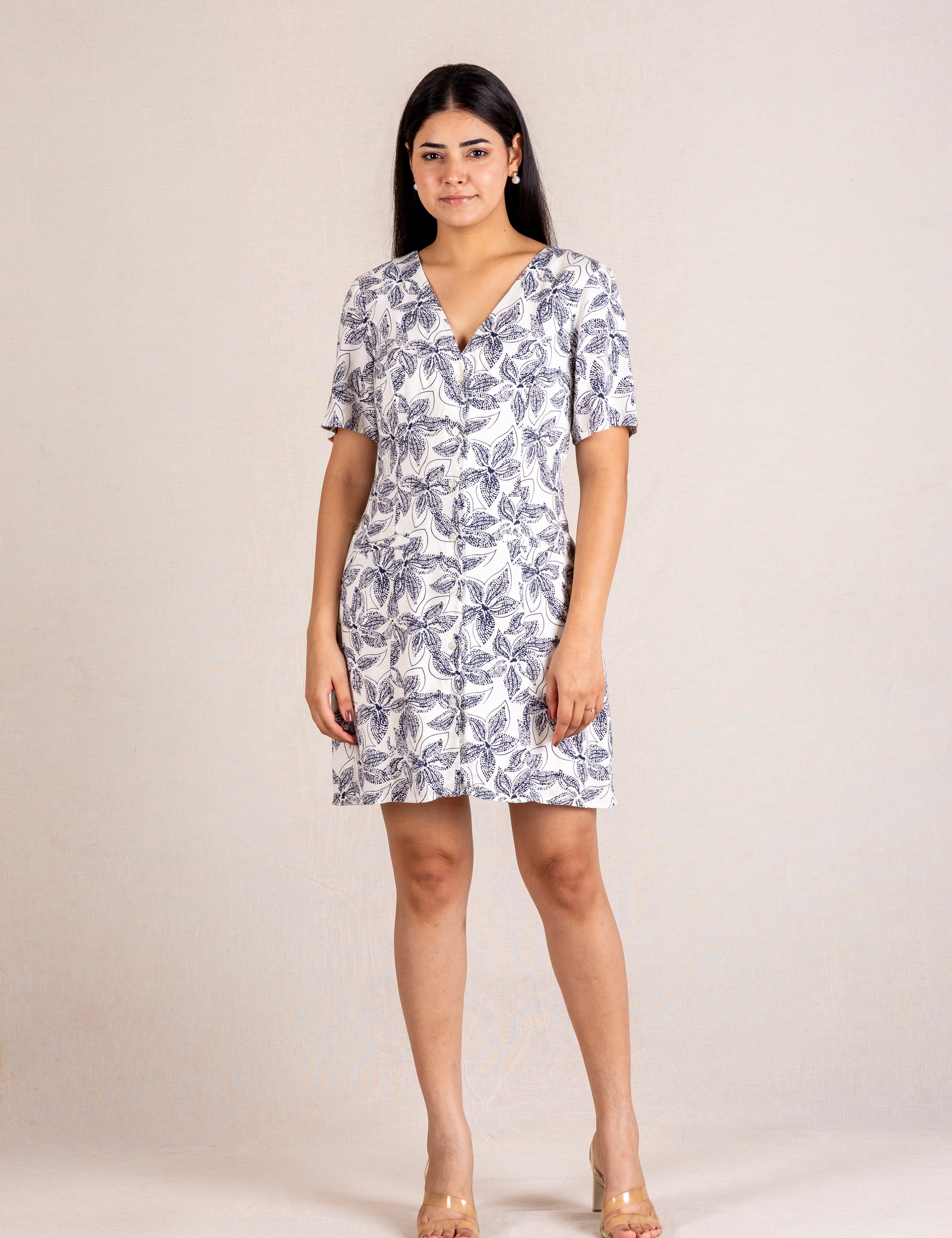 Black floral print button-down mini dress