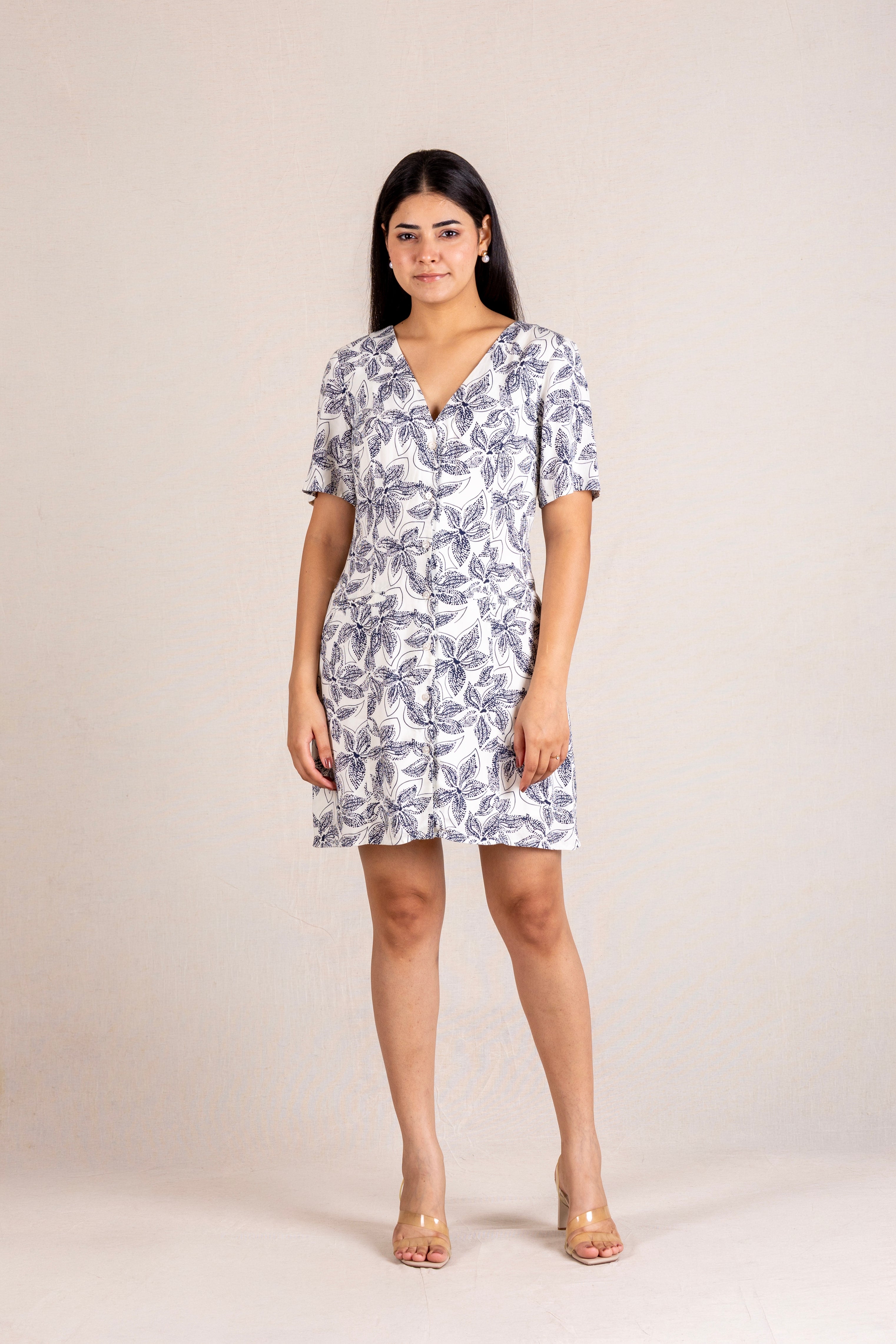 Black floral print button-down mini dress