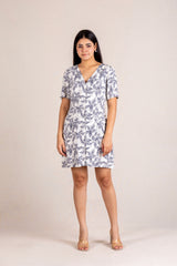 Navy blue floral print button-down mini dress