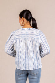 Blue printed V-neck blouse