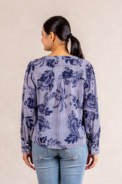 Blue & white striped floral print blouse
