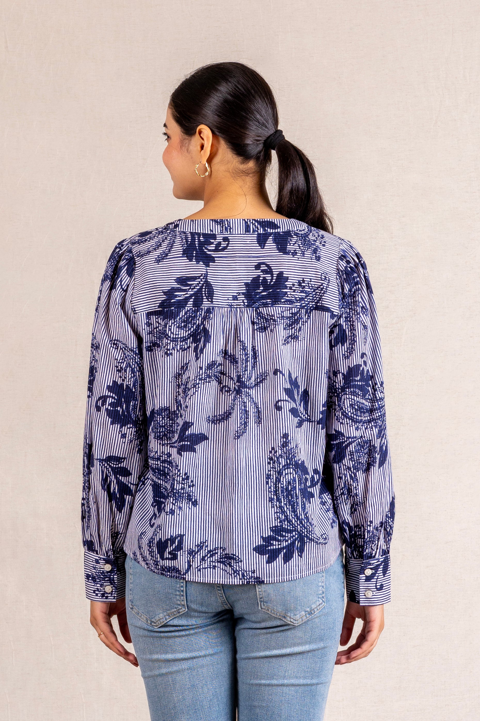 Blue & white striped floral print blouse