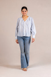 Blue printed V-neck blouse