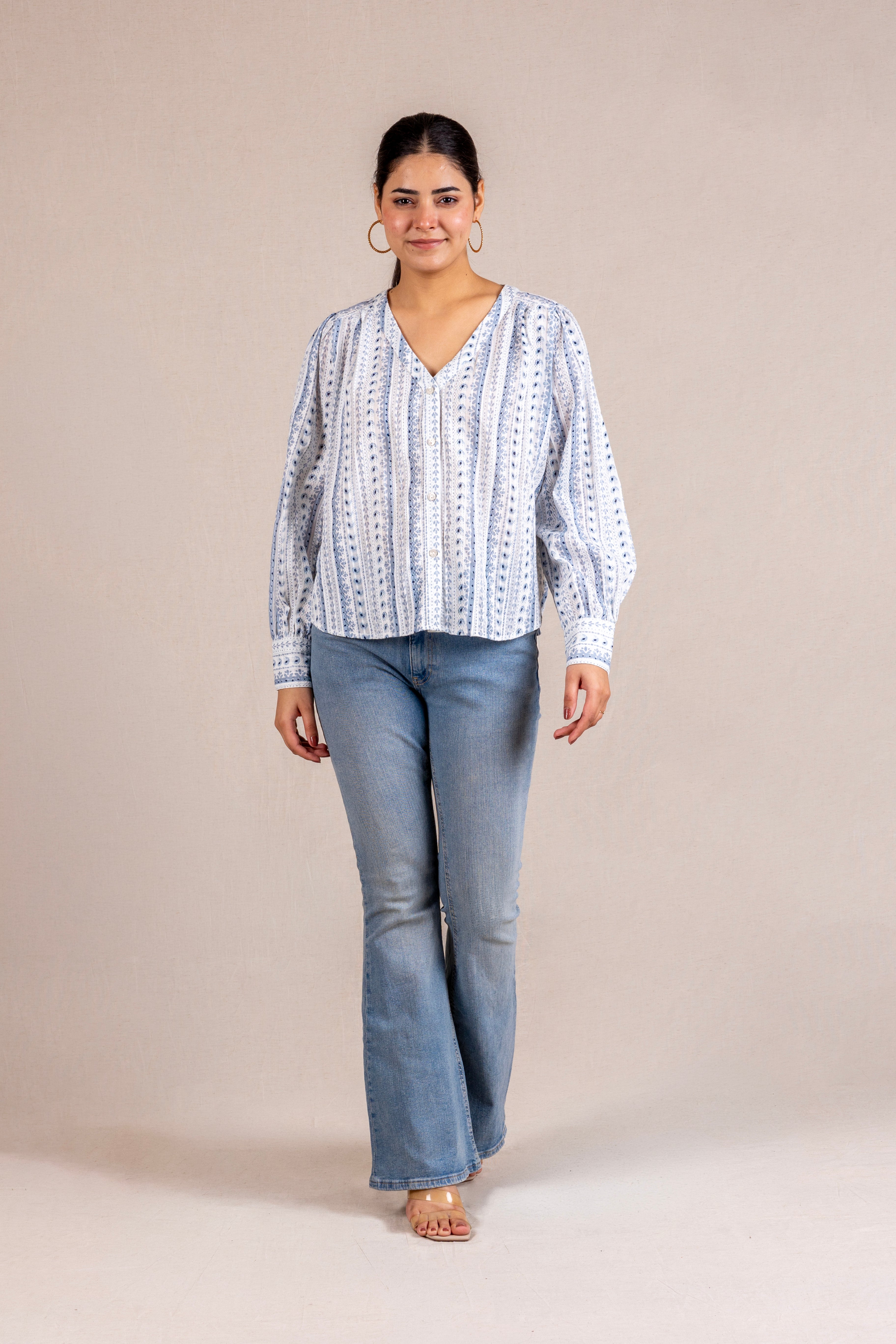 Blue printed V-neck blouse