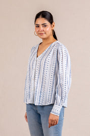 Blue printed V-neck blouse