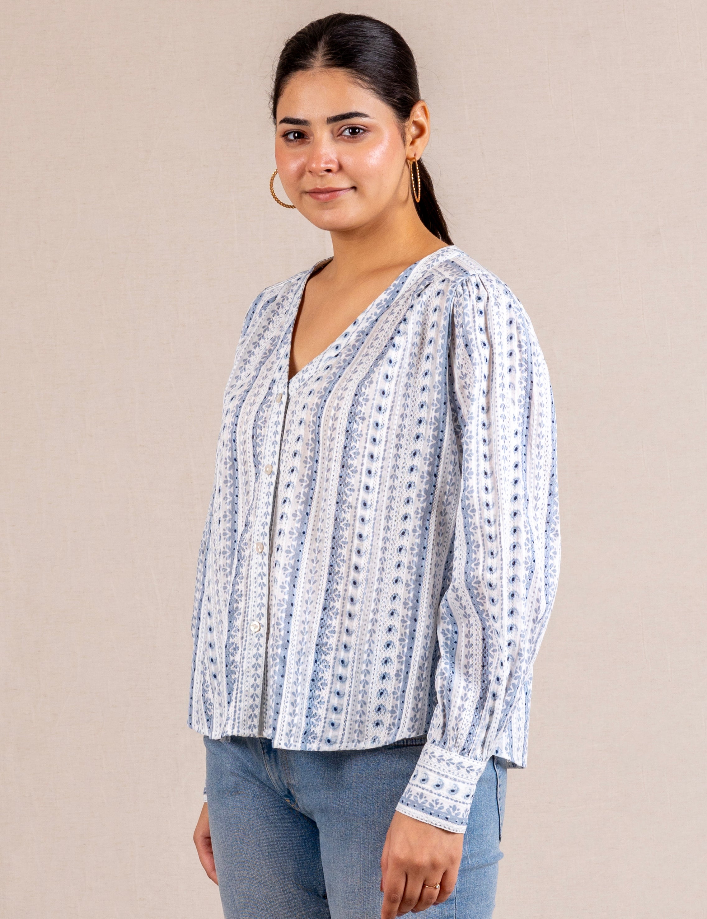 Blue printed V-neck blouse