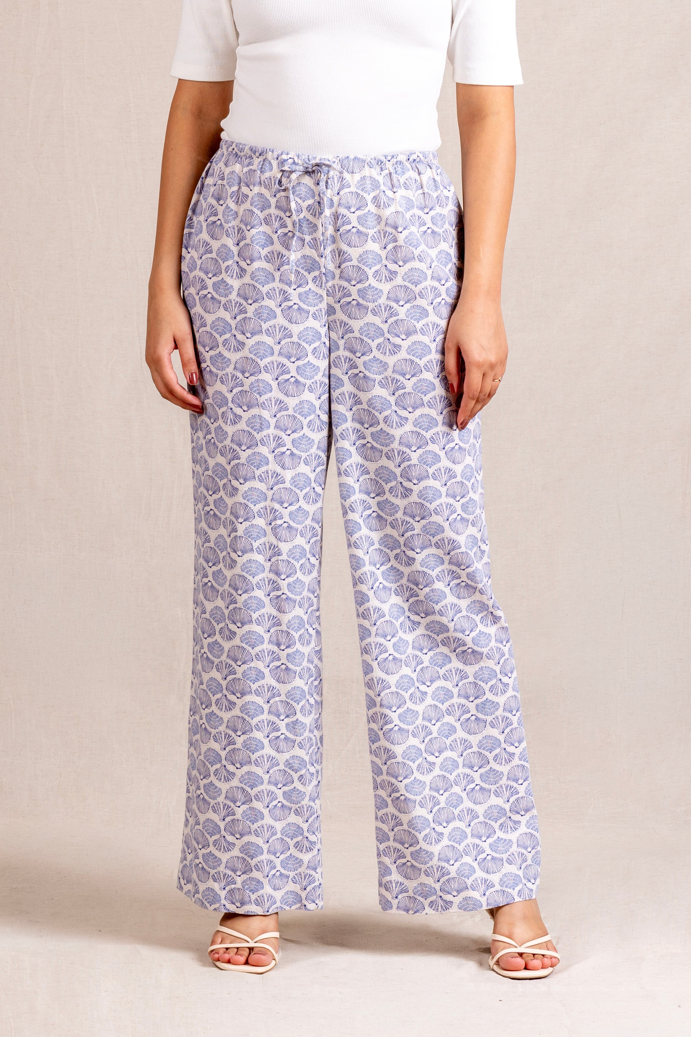 Blue shell-print wide-leg trousers