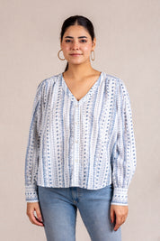 Blue printed V-neck blouse