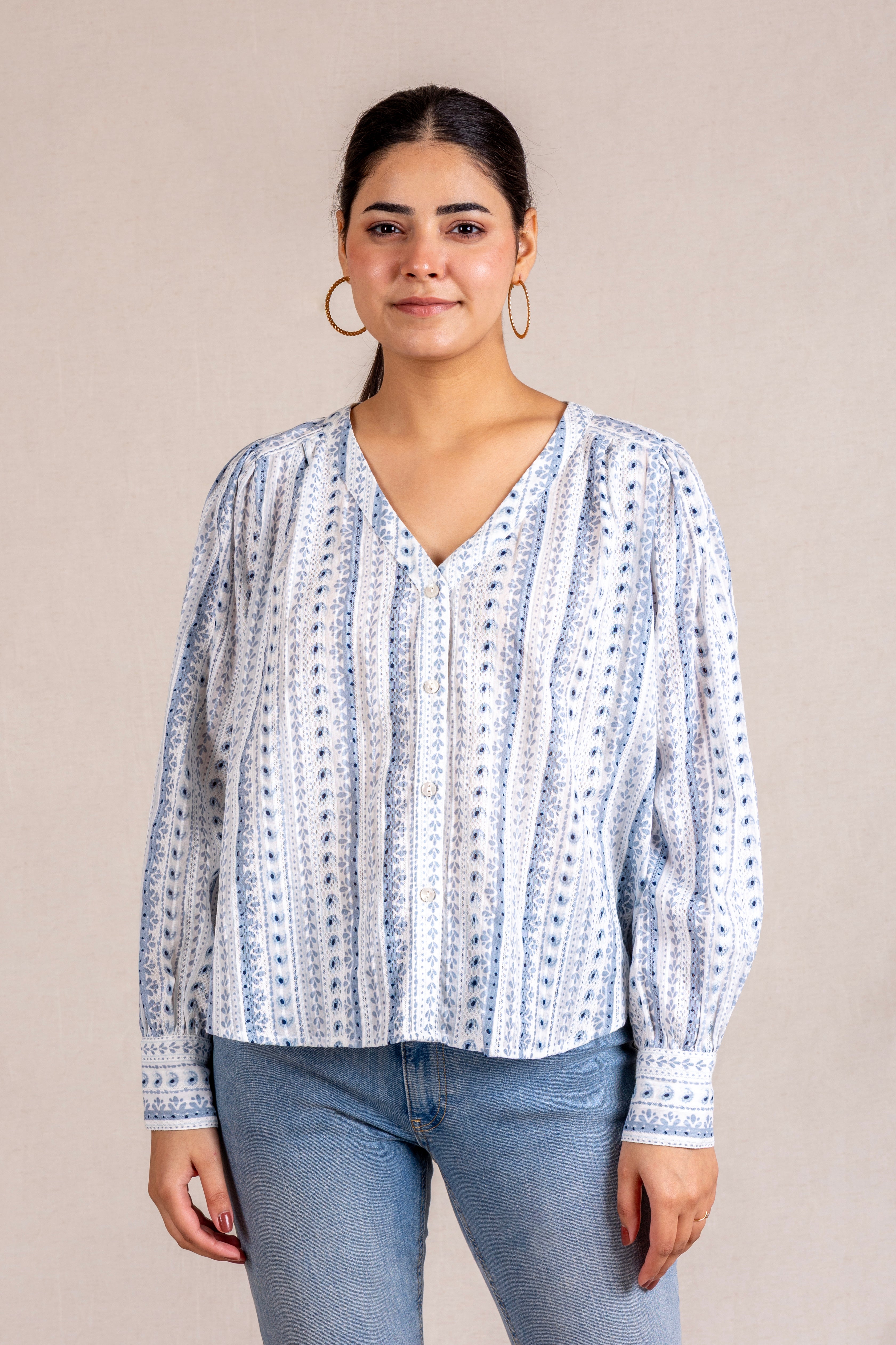 Blue printed V-neck blouse