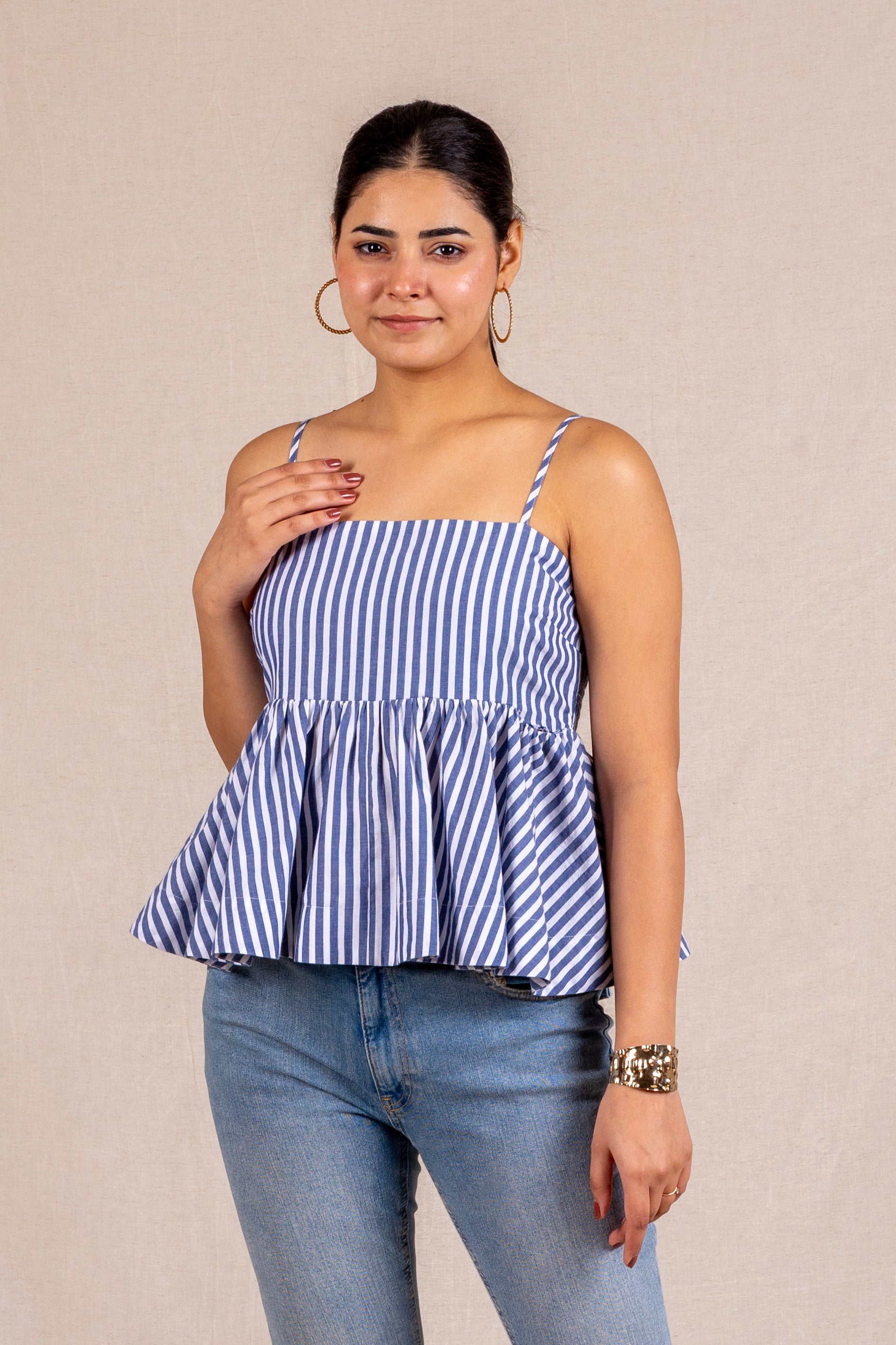 Blue stripe peplum cami top