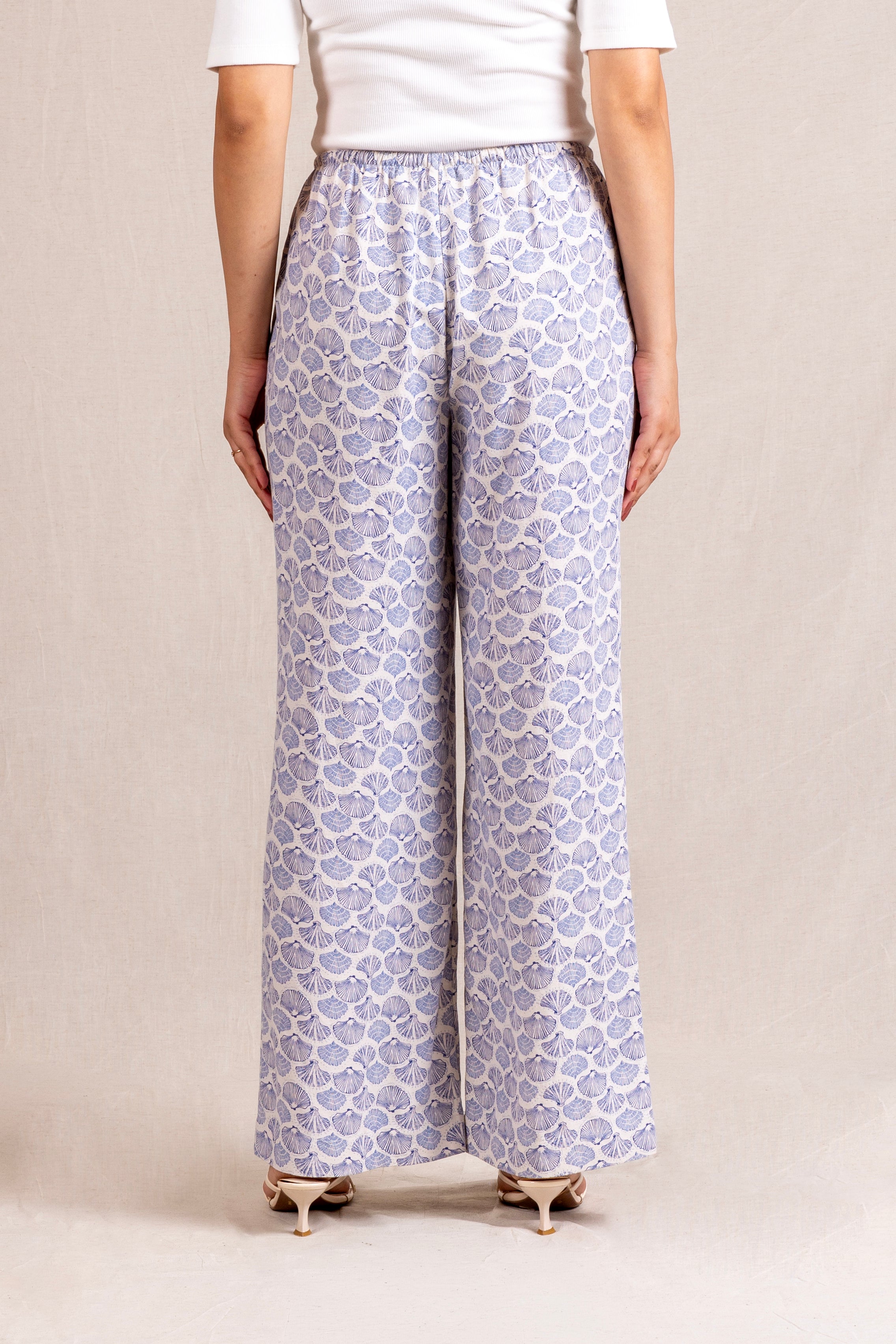 Blue shell-print wide-leg trousers