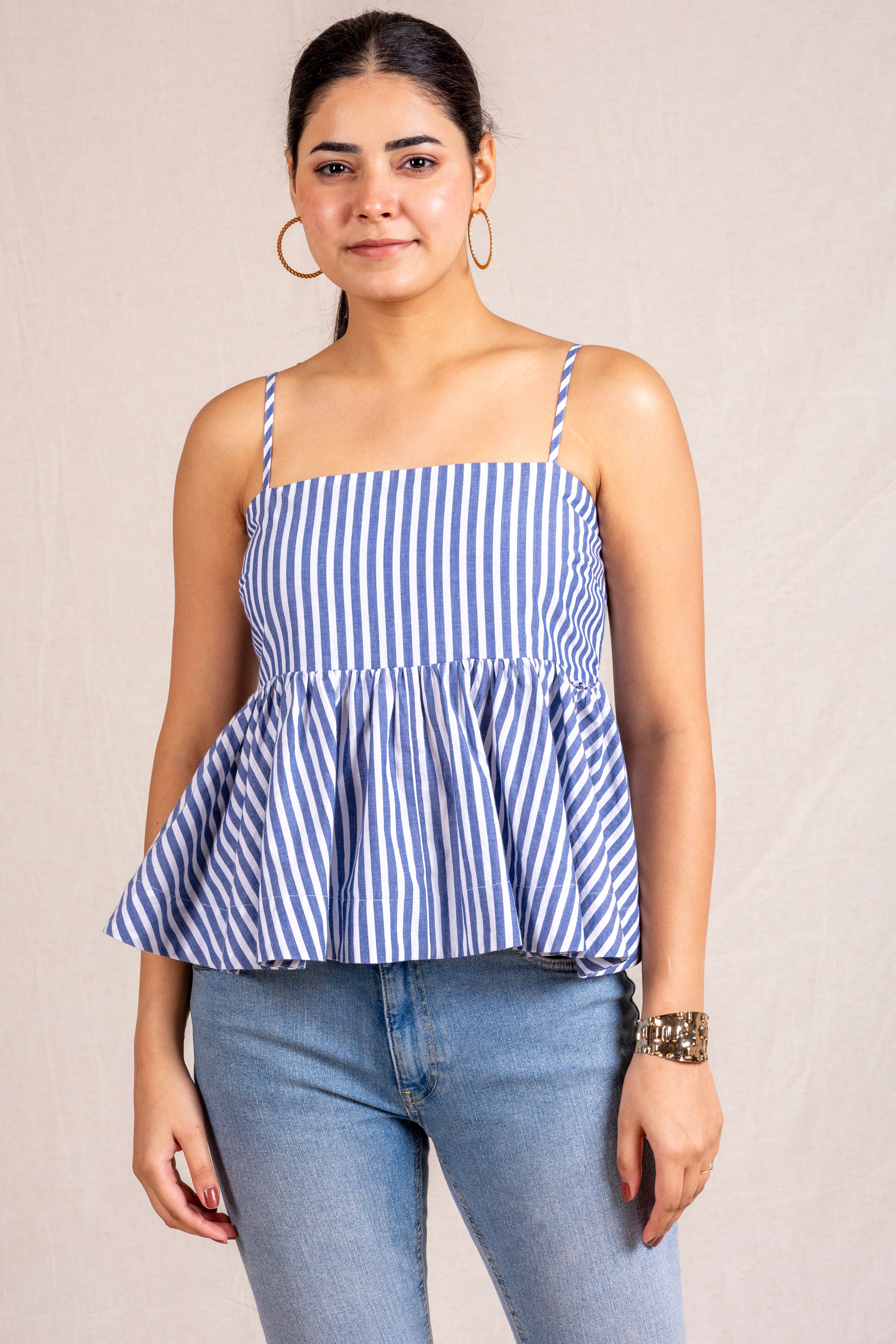 Blue stripe peplum cami top
