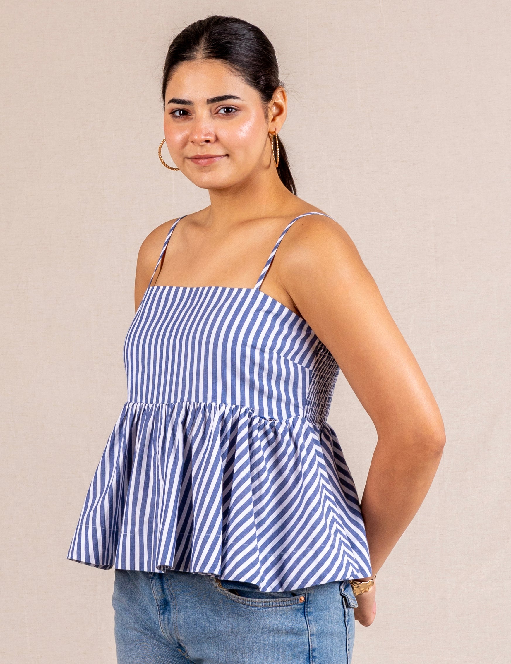Blue stripe peplum cami top