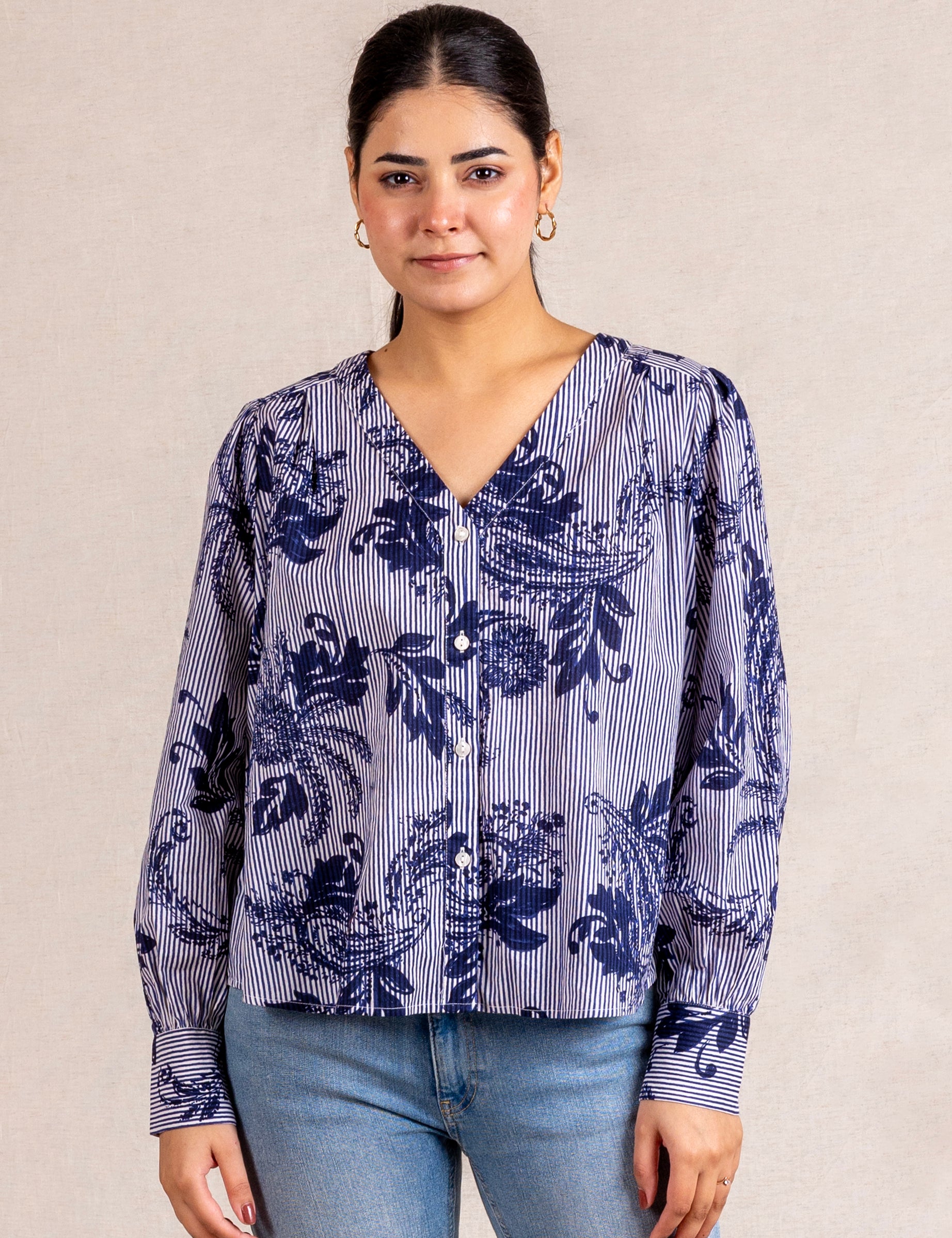 Blue & white striped floral print blouse