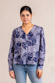 Blue & white striped floral print blouse