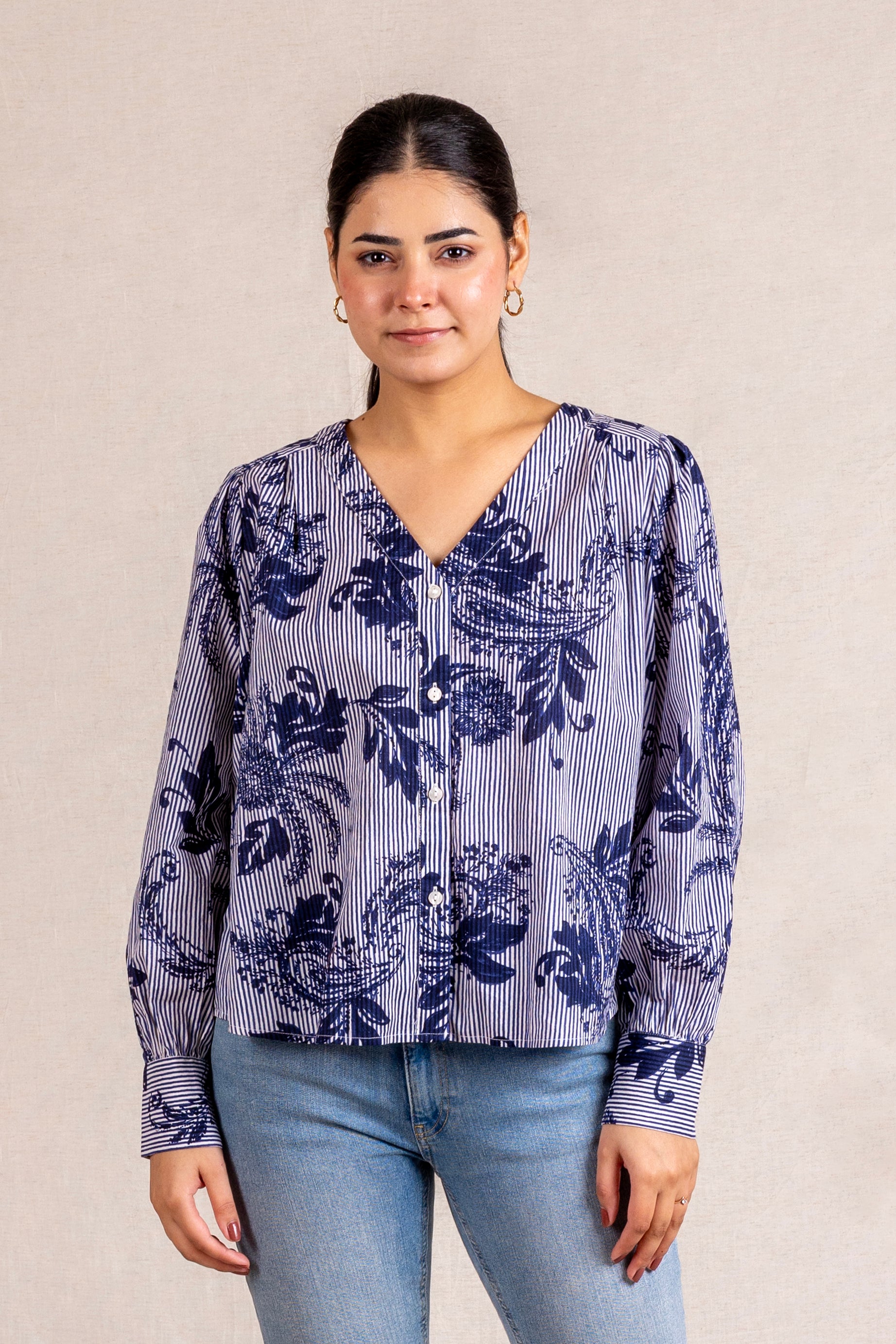 Blue & white striped floral print blouse