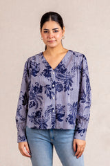 Blue & white striped floral print blouse