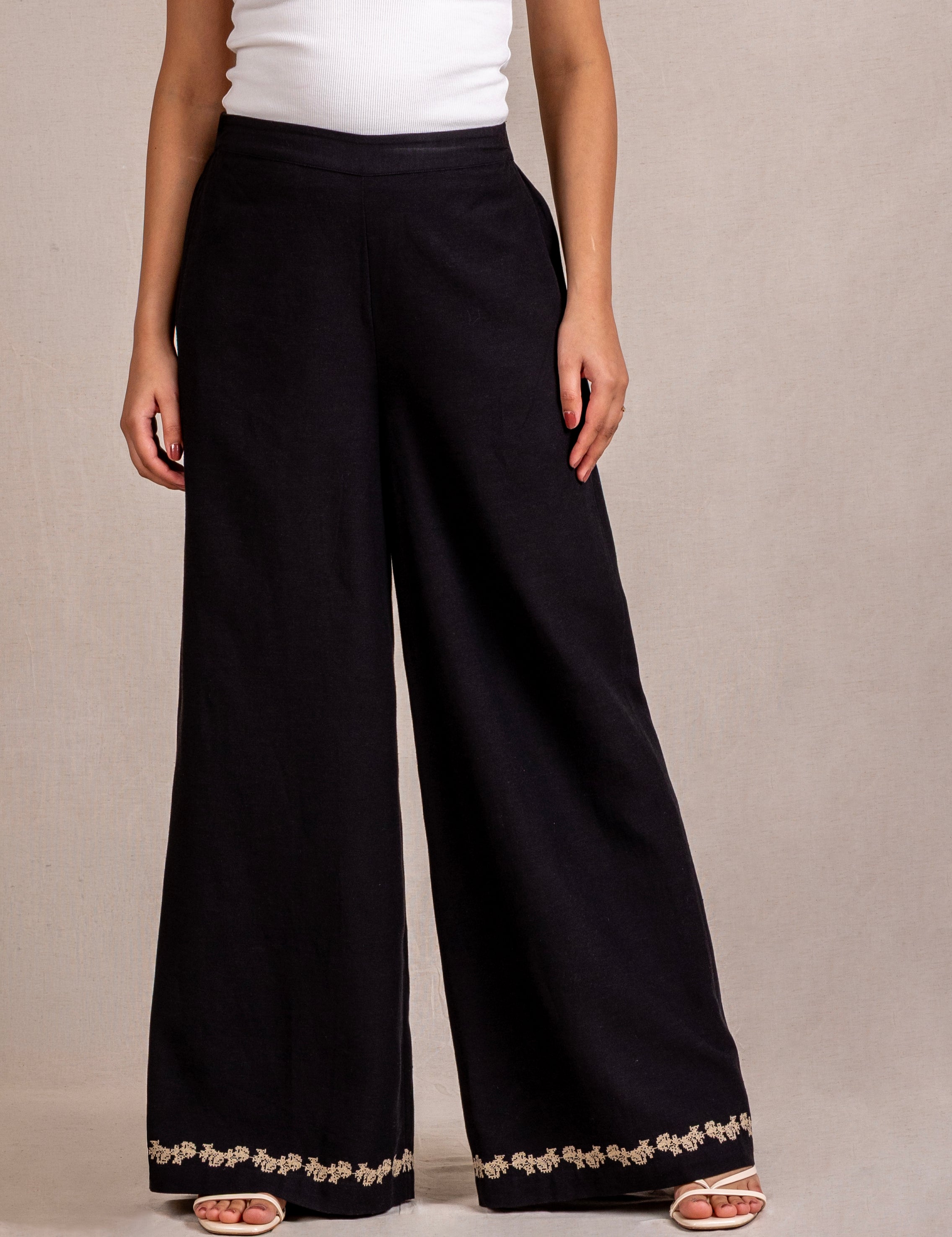 Embroidered black wide-leg trousers