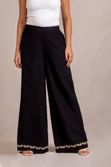Embroidered black wide-leg trousers