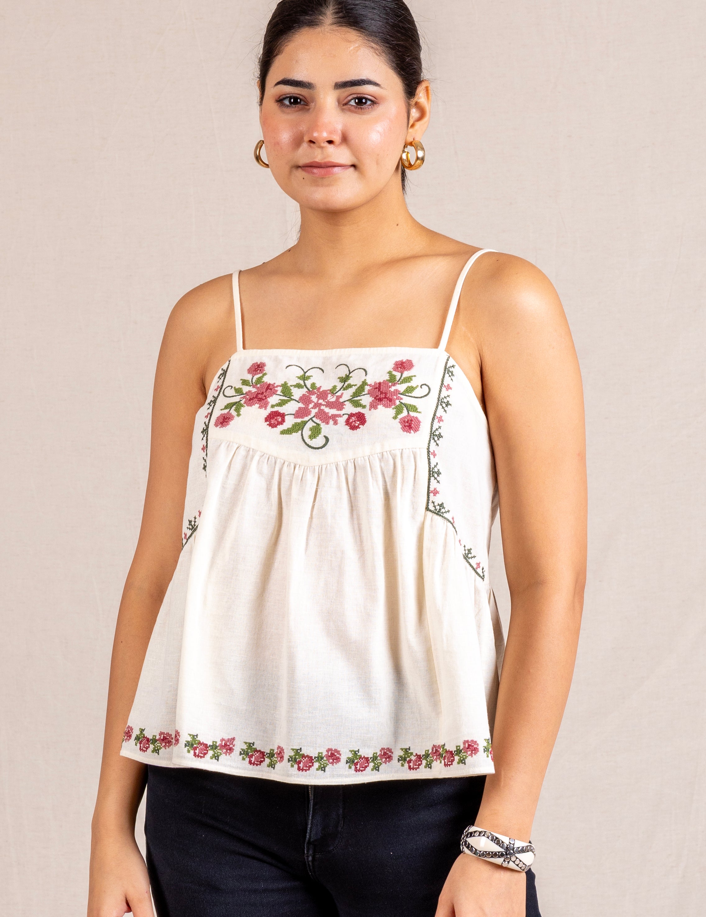 Cream floral embroidered cami