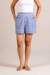 Blue striped shorts with contrast hem