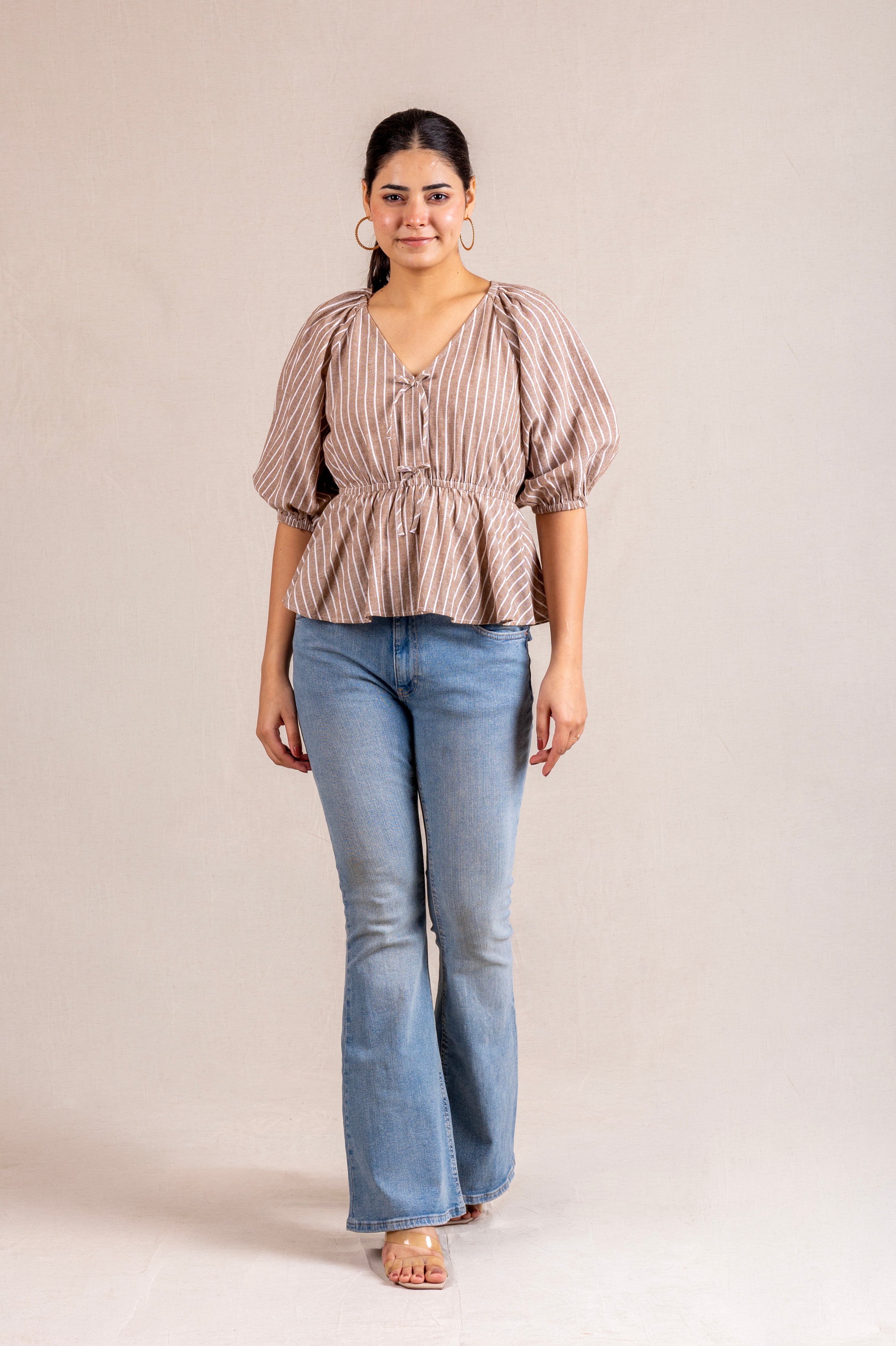 Beige striped peplum blouse with ties