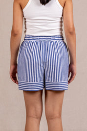 Blue striped shorts with contrast hem