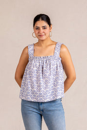 Blue seashell print ruffle top