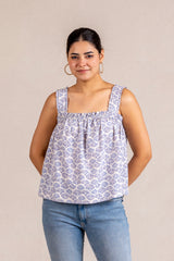 Blue seashell print ruffle top