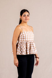 Beige gingham peplum cami top