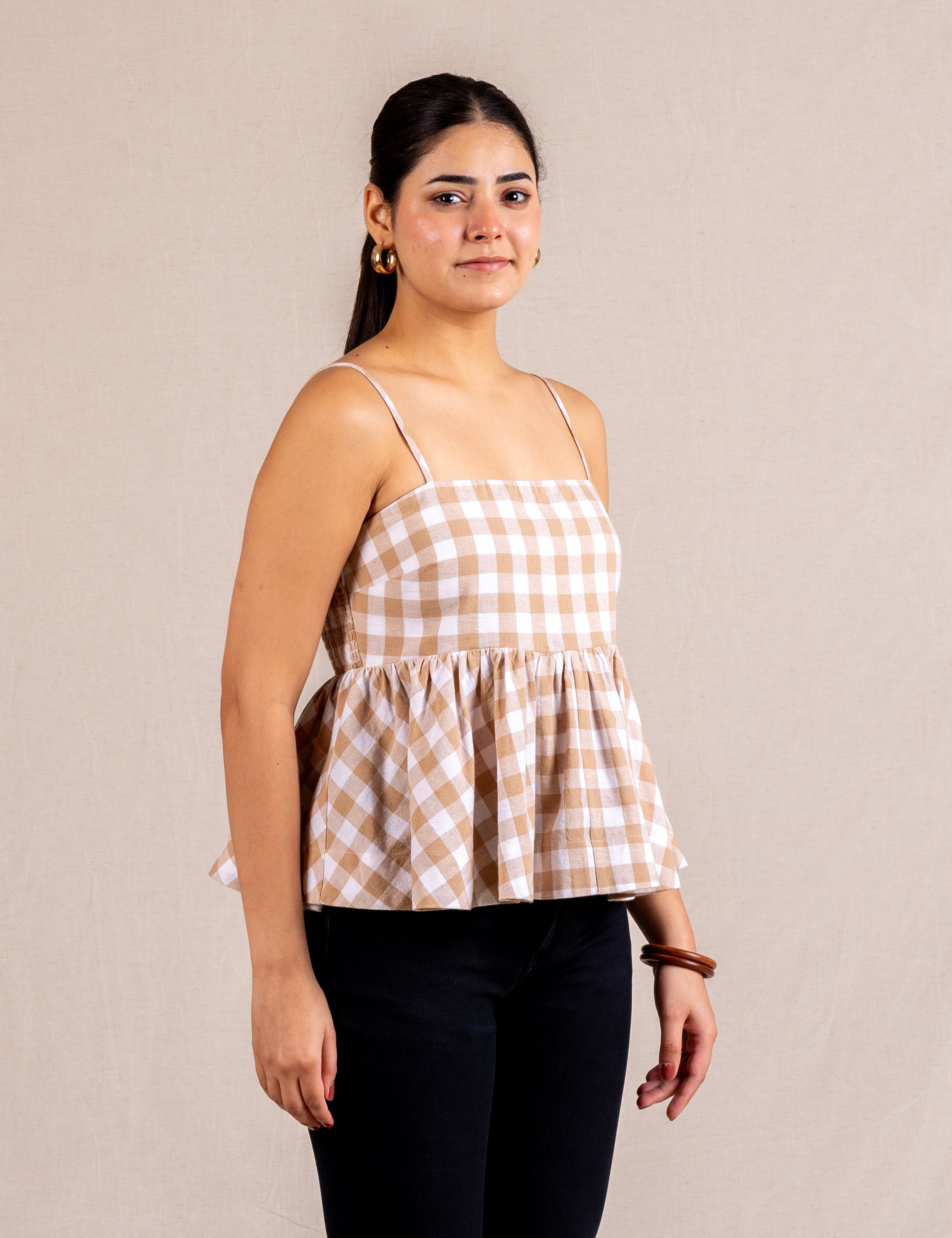 Beige gingham peplum cami top