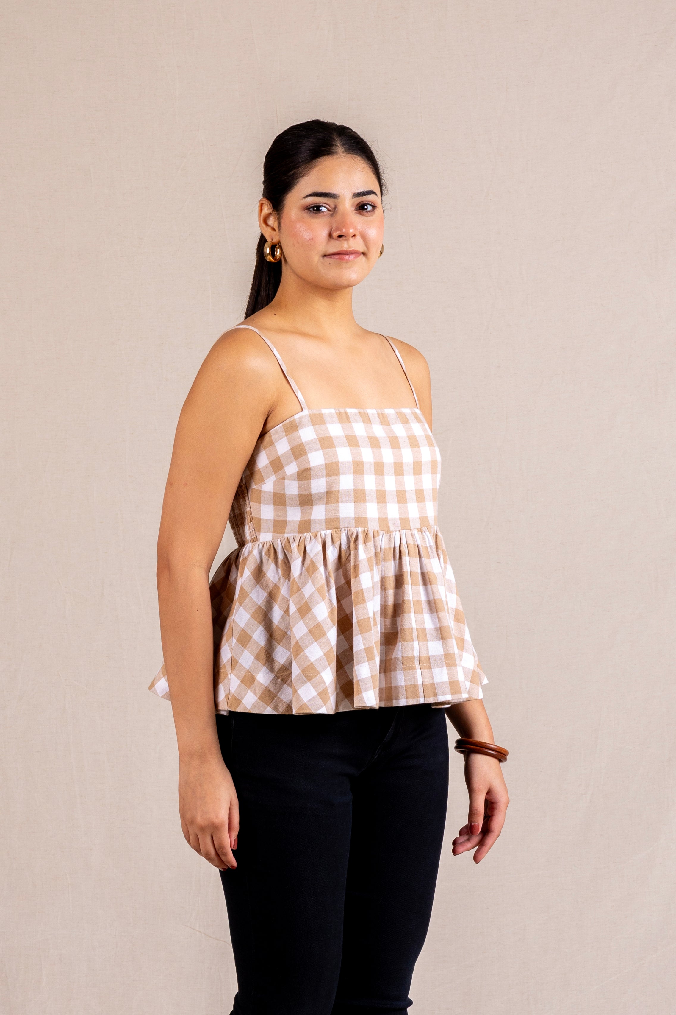 Beige gingham peplum cami top