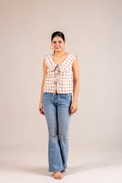 Beige gingham tie-front ruffle collar blouse