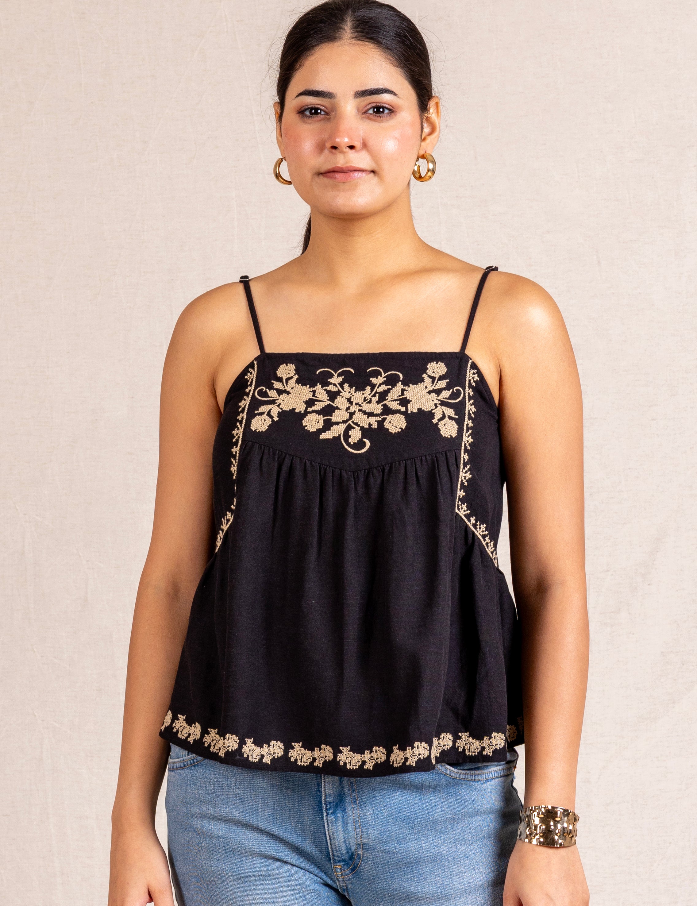 Black floral embroidered cami