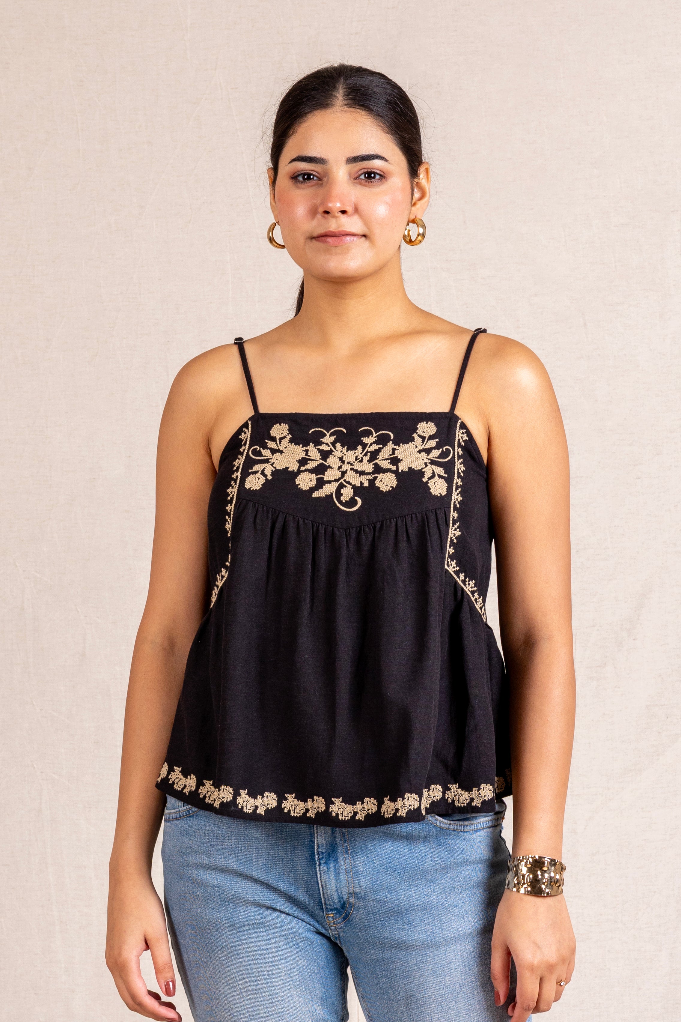 Black floral embroidered cami