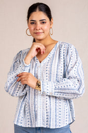 Blue printed V-neck blouse