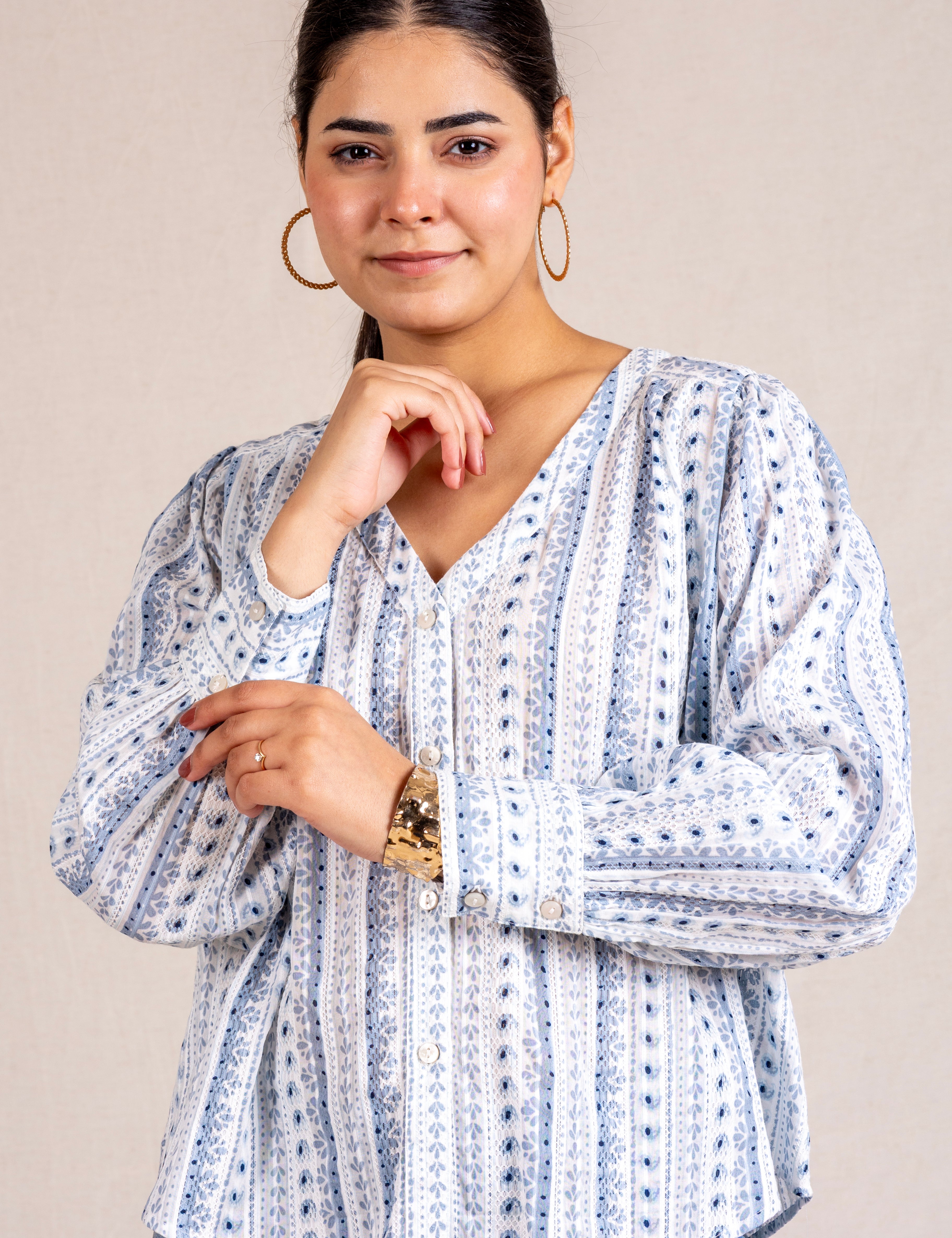 Blue printed V-neck blouse