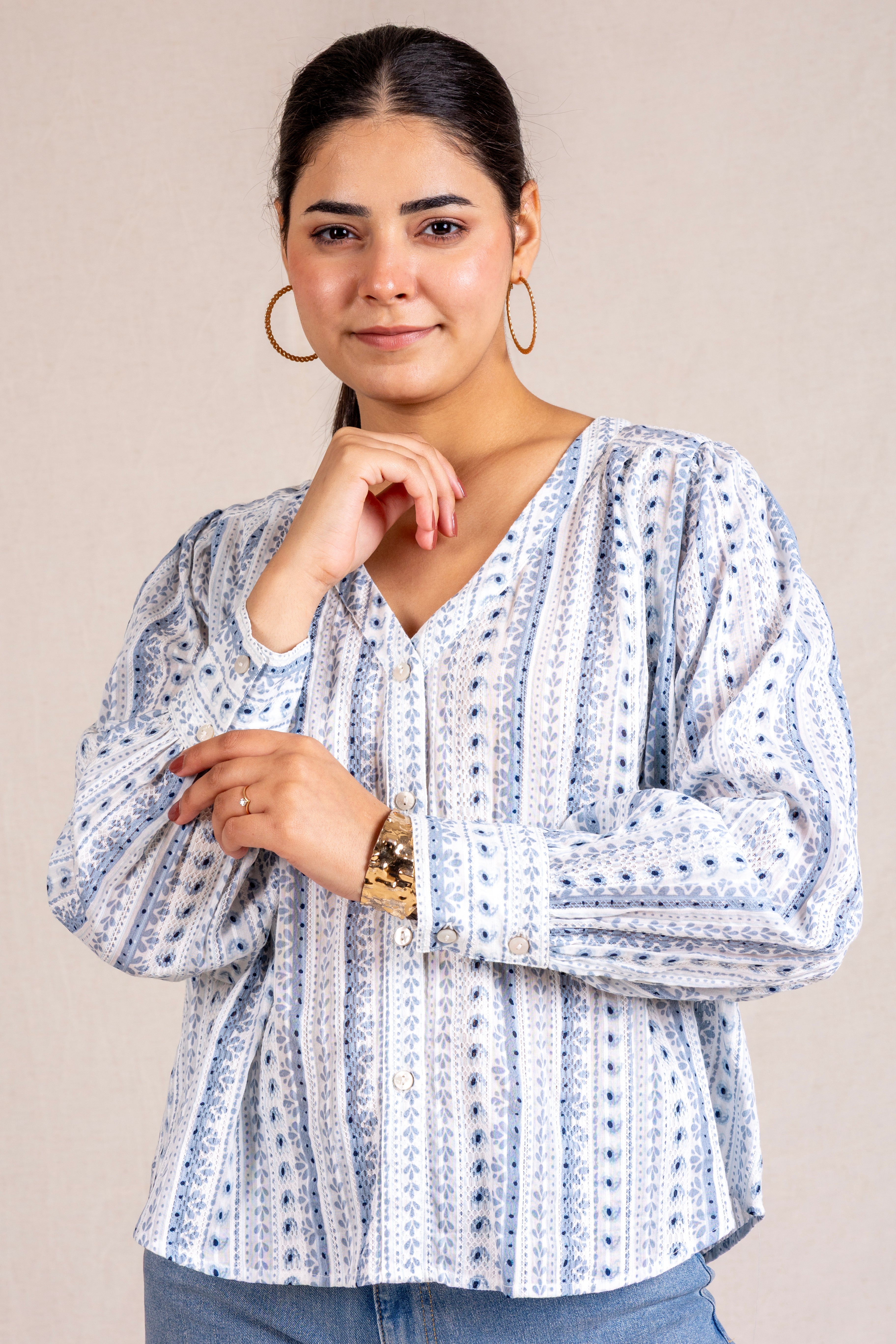 Blue printed V-neck blouse