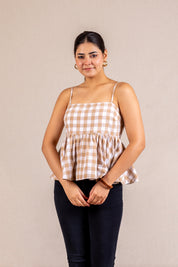 Beige gingham peplum cami top