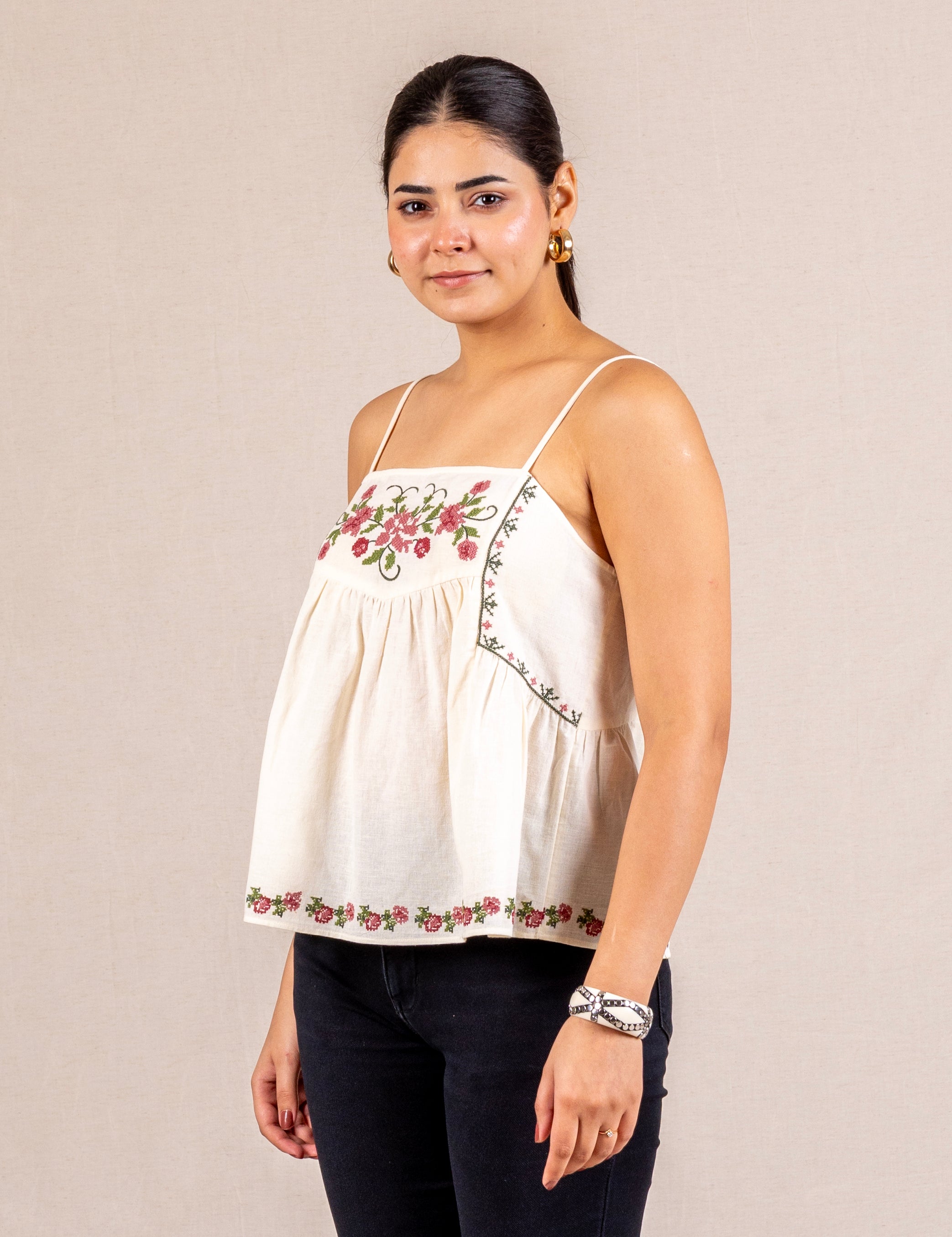 Cream floral embroidered cami