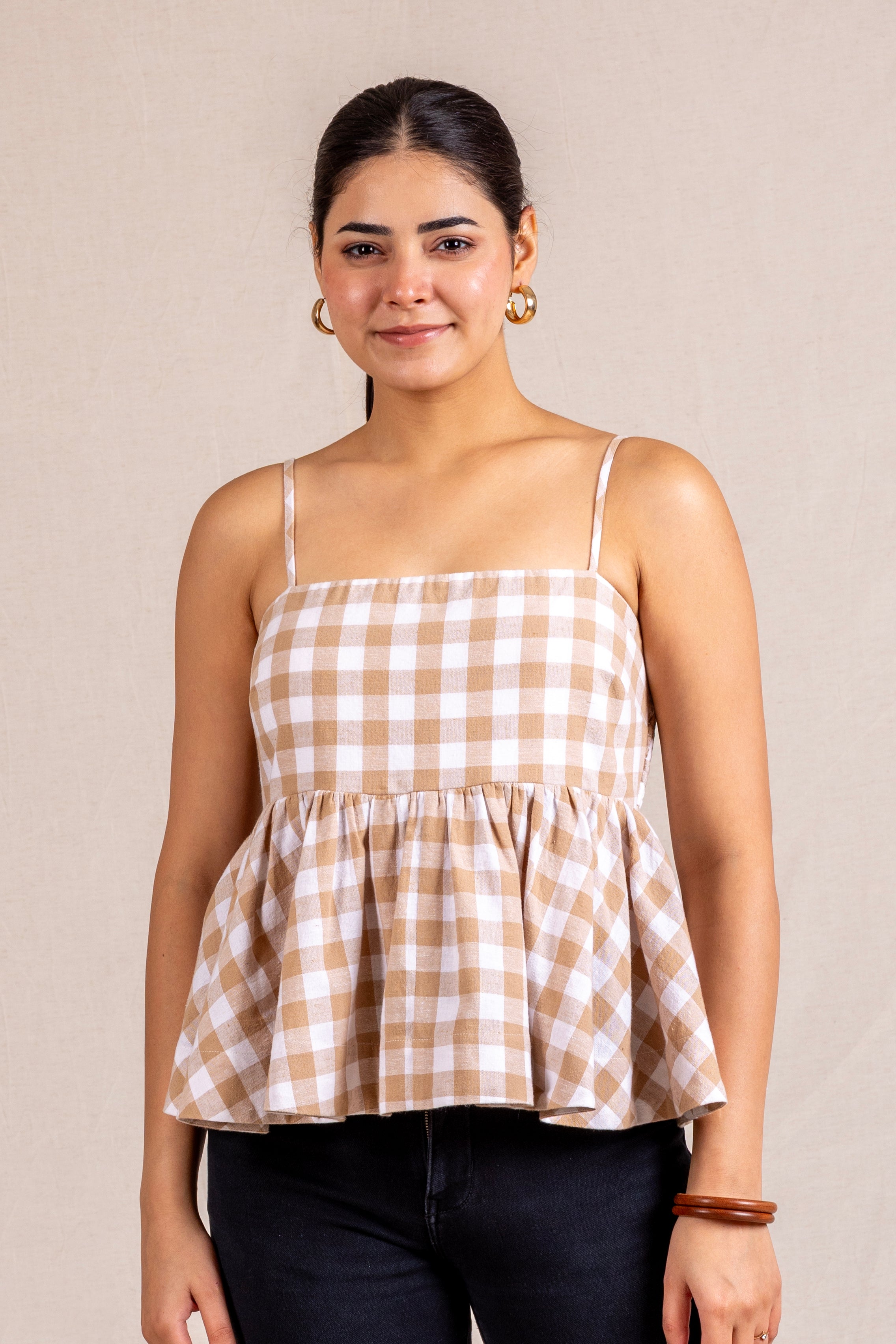 Beige gingham peplum cami top