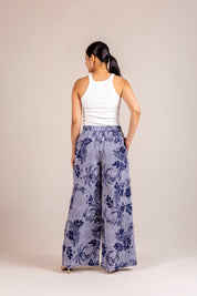 Blue floral striped wide-leg pants