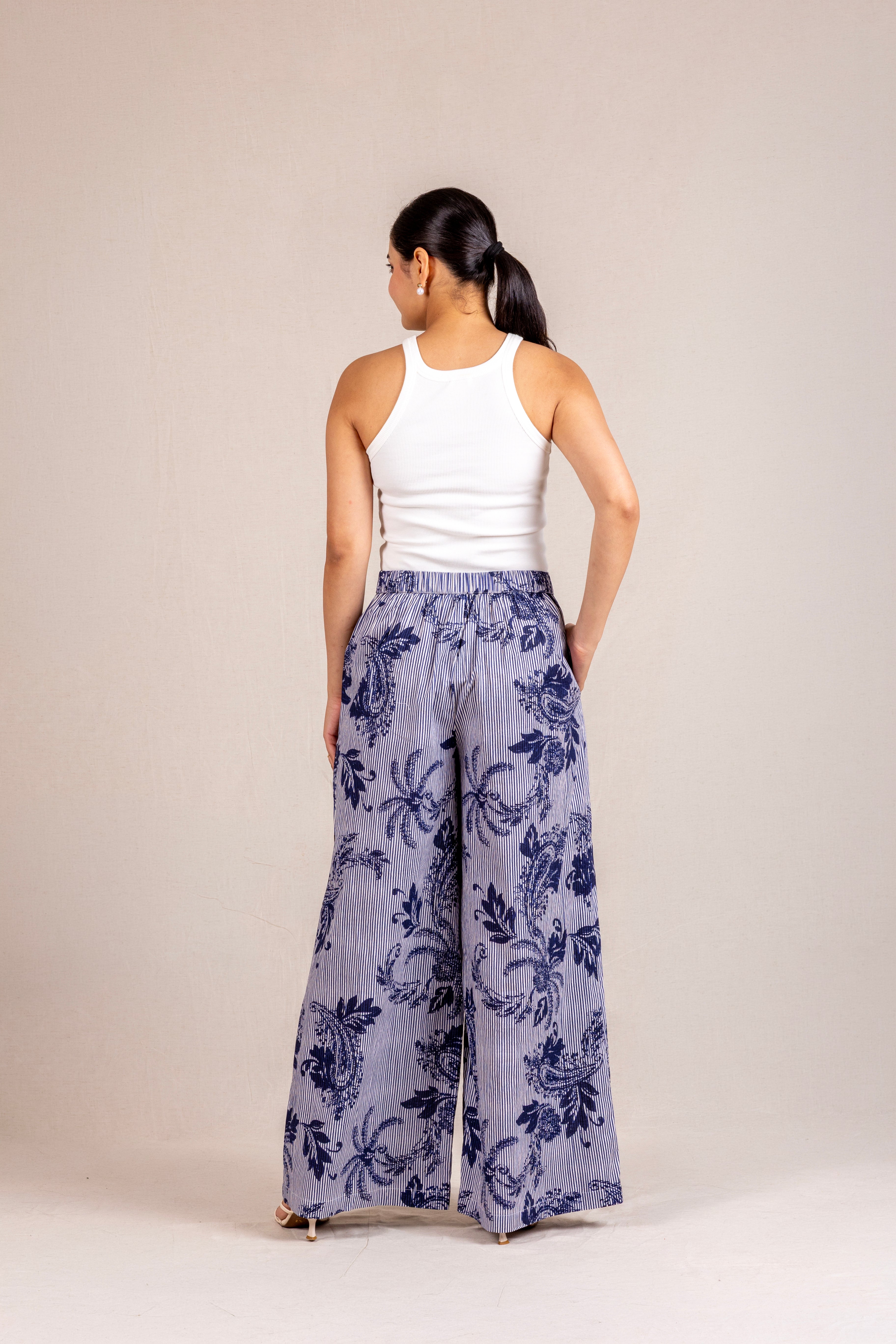 Blue floral striped wide-leg pants