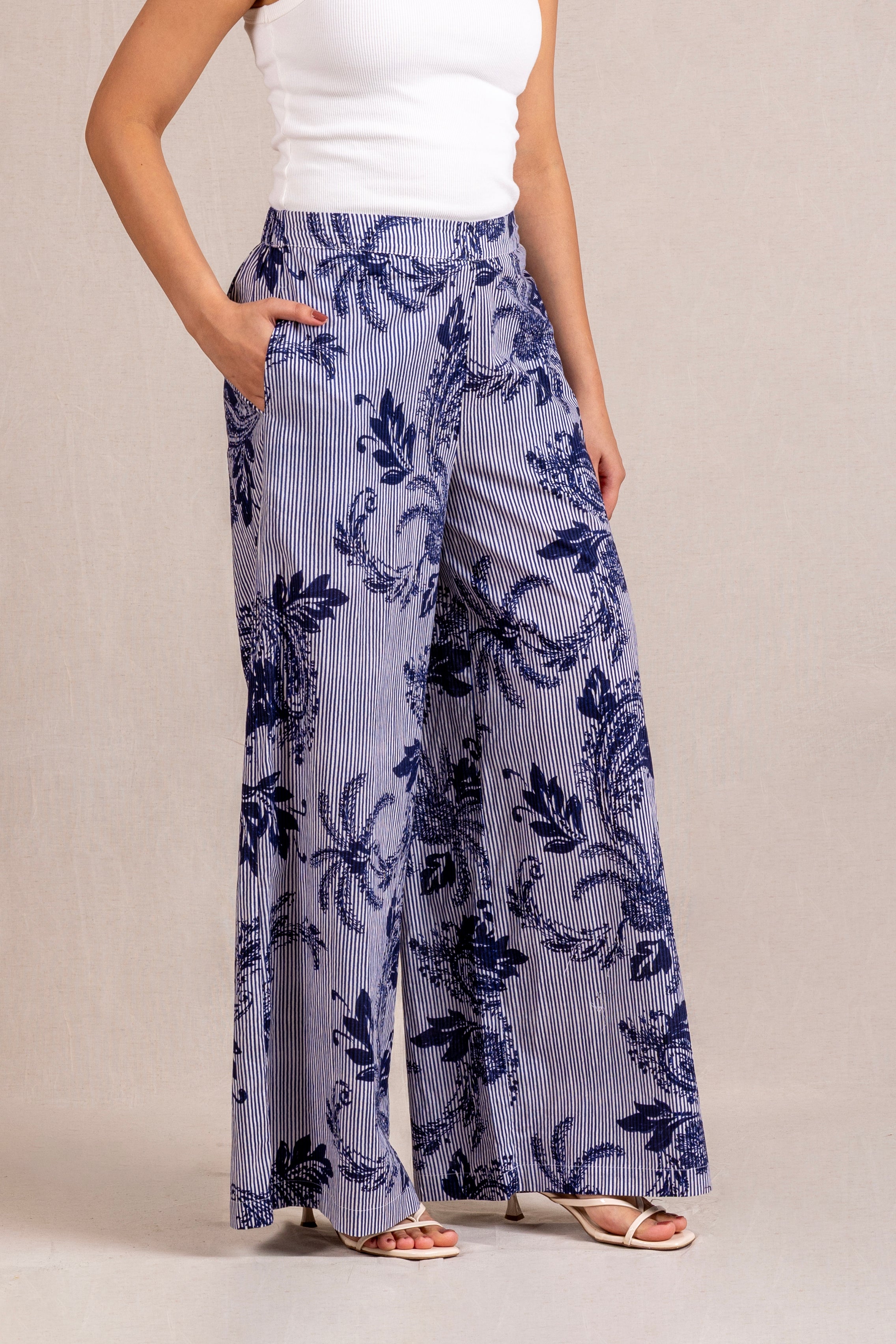Blue floral striped wide-leg pants