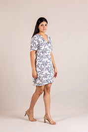 Black floral print button-down mini dress
