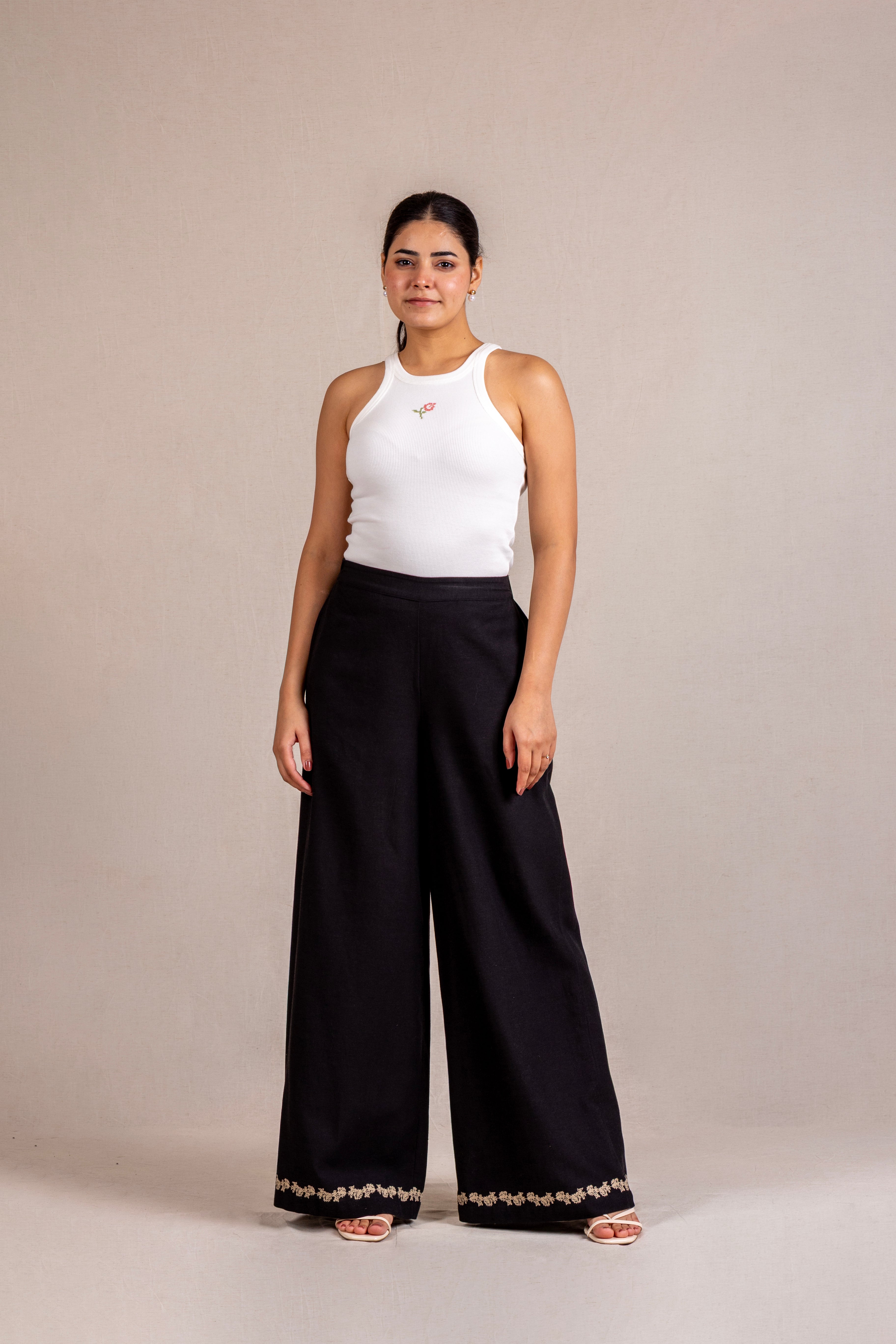 Embroidered black wide-leg trousers